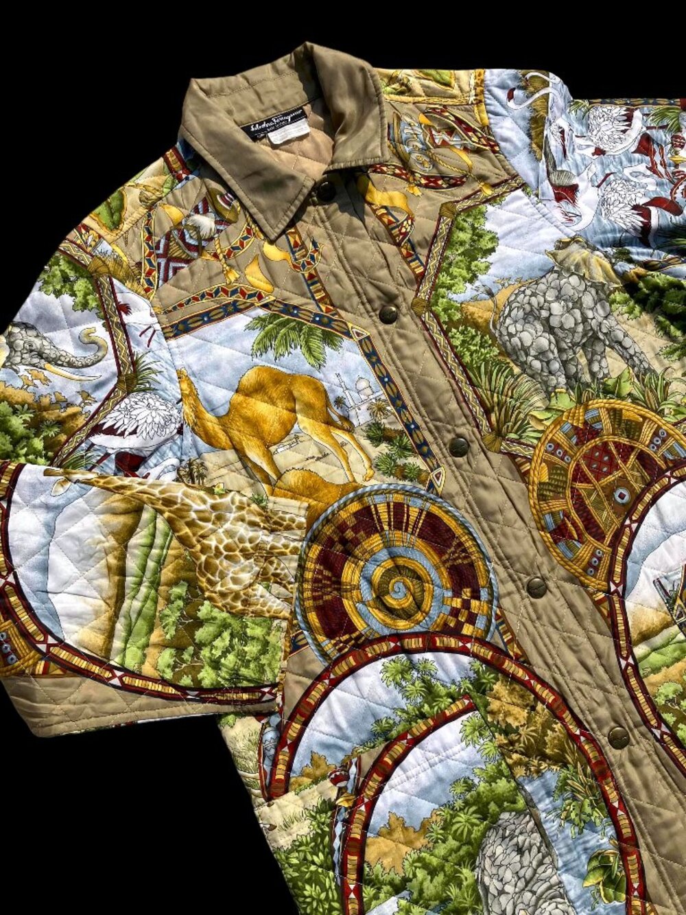Salvatore Ferragamo Quilted Camel Wildlife Print Jacket Button-Up Size M L